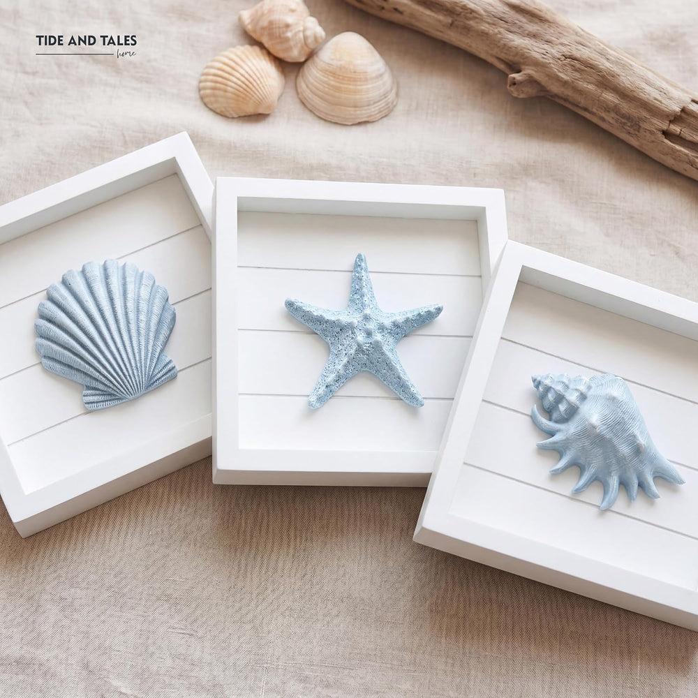 Tide and Tales 3D Coastal Wall Art, Beach Wall Decor, Framed Set of 4, Blue