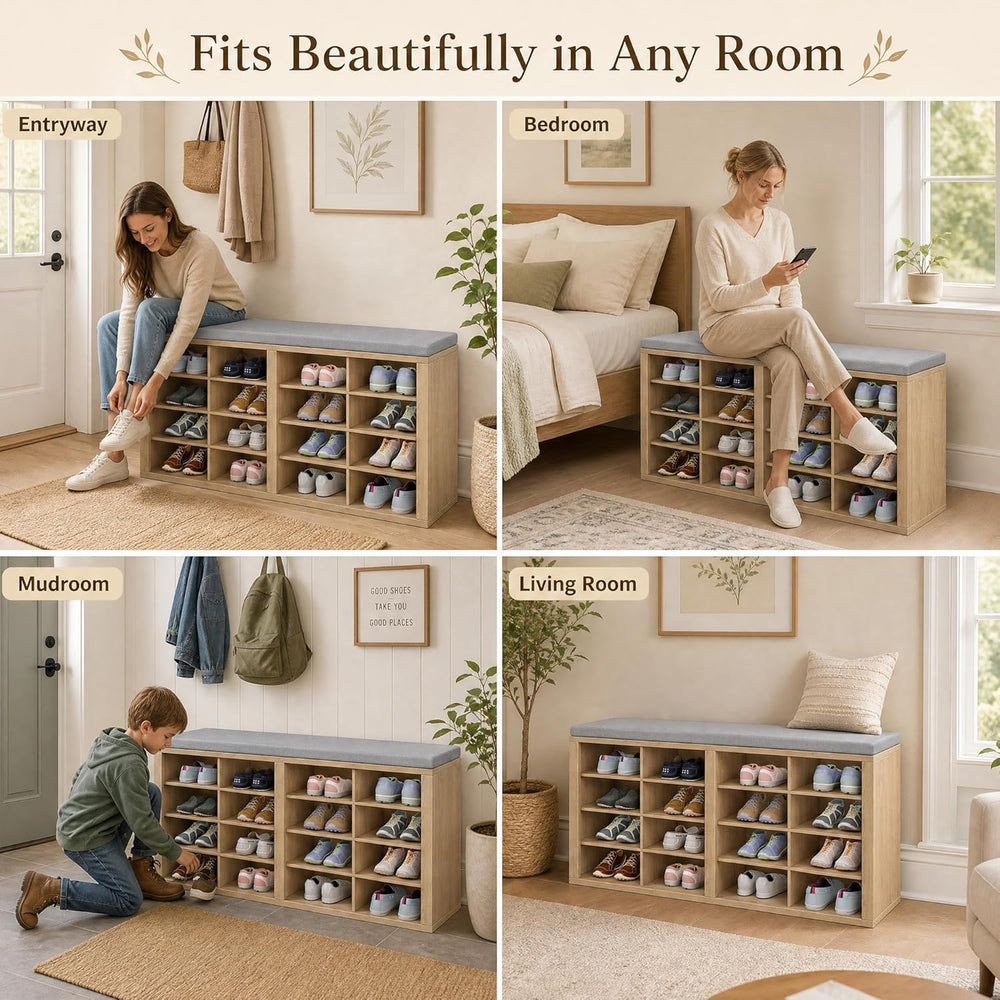 Shoe Storage Bench with Cushion, 16-Cubby Entryway Bench with Adjustable Shel...