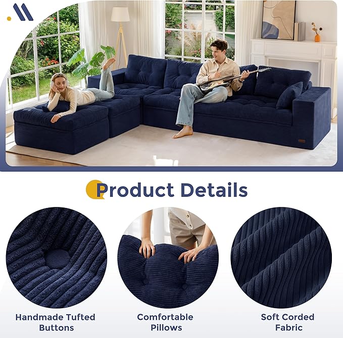 MAXYOYO 132" U Shaped Modular Sectional Sofa with 2 Ottomans, Cloud Boneless Couch with Layered Cushion, Flexible Module Combination Sofa for Living Room, No Assembly Required, Navy