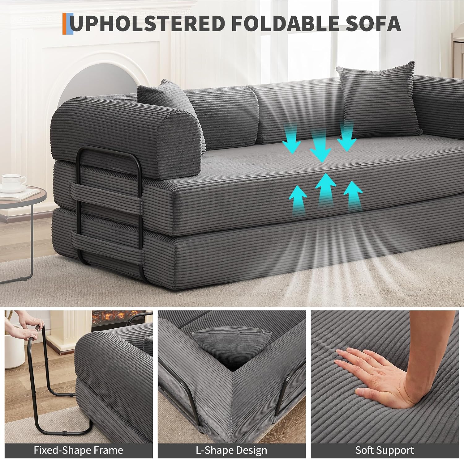 IDEALHOUSE 79" Convertible Futon Sofa Bed, Boneless Couch for Living Room | Folding Corduroy Sleeper Sofa, Modular Pull Out Couch with Pillows, Loveseat,No Assembly | Gray