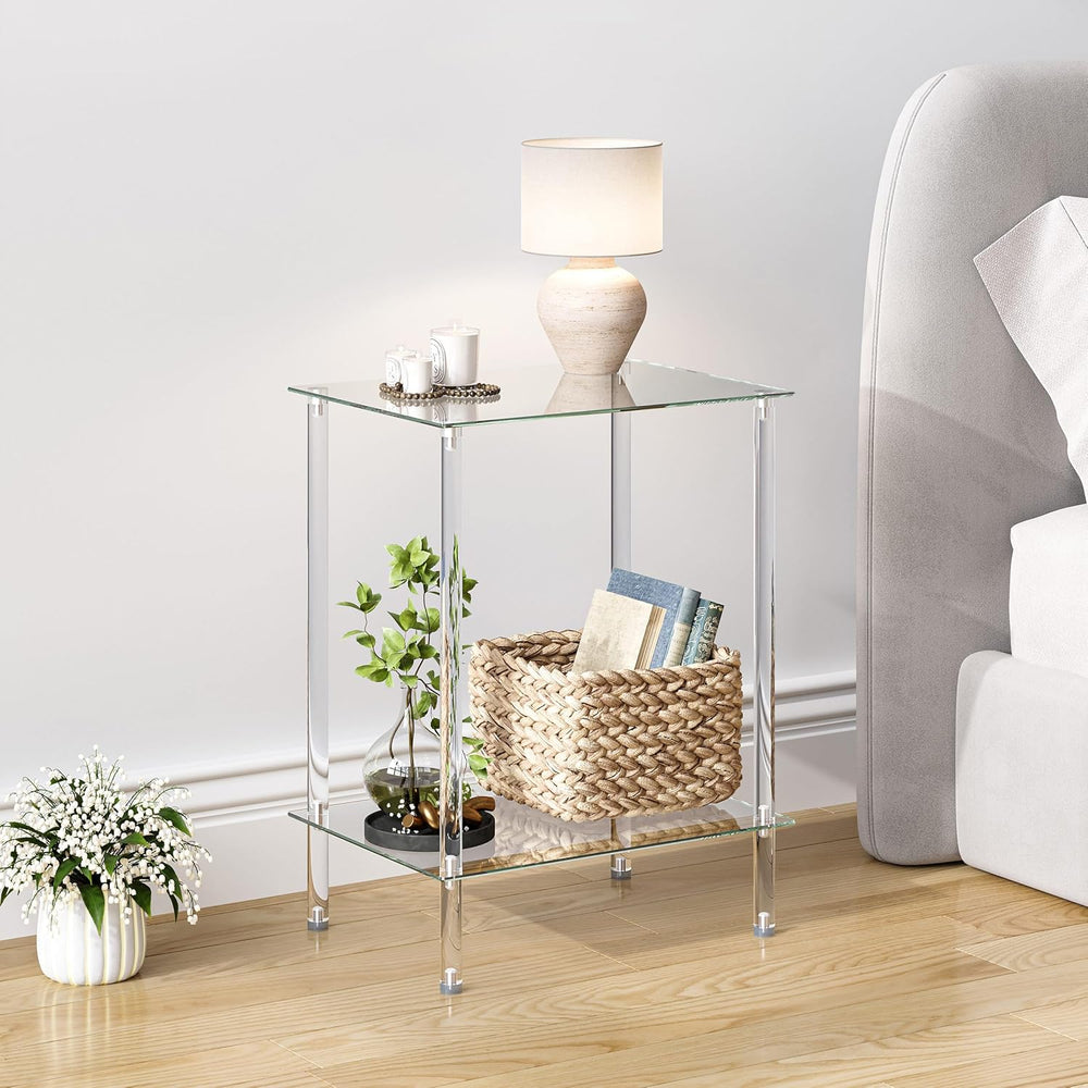 Tempered Glass Side Table, Acrylic End Table, 2-Tier Transparent Nightstand, ...