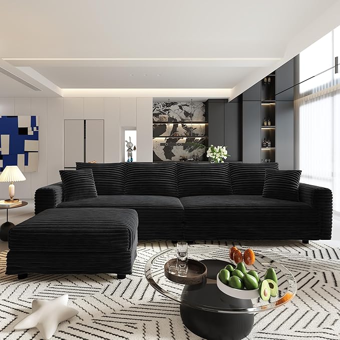 KEIKI 102.4" Sectional Couches, Modern Comfy Upholstered Sofa Cloud Couch, Deep Seat 4 Seat Sofa Set with Soft Pillows and Movable Ottoman for Living Room, Apartment, Office, Black