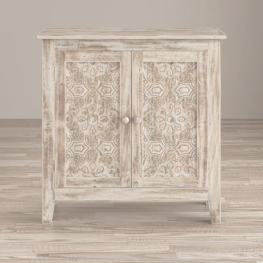 Jofran Global Archive Hand Carved Accent Chest Cabinet, 32', Weathered White