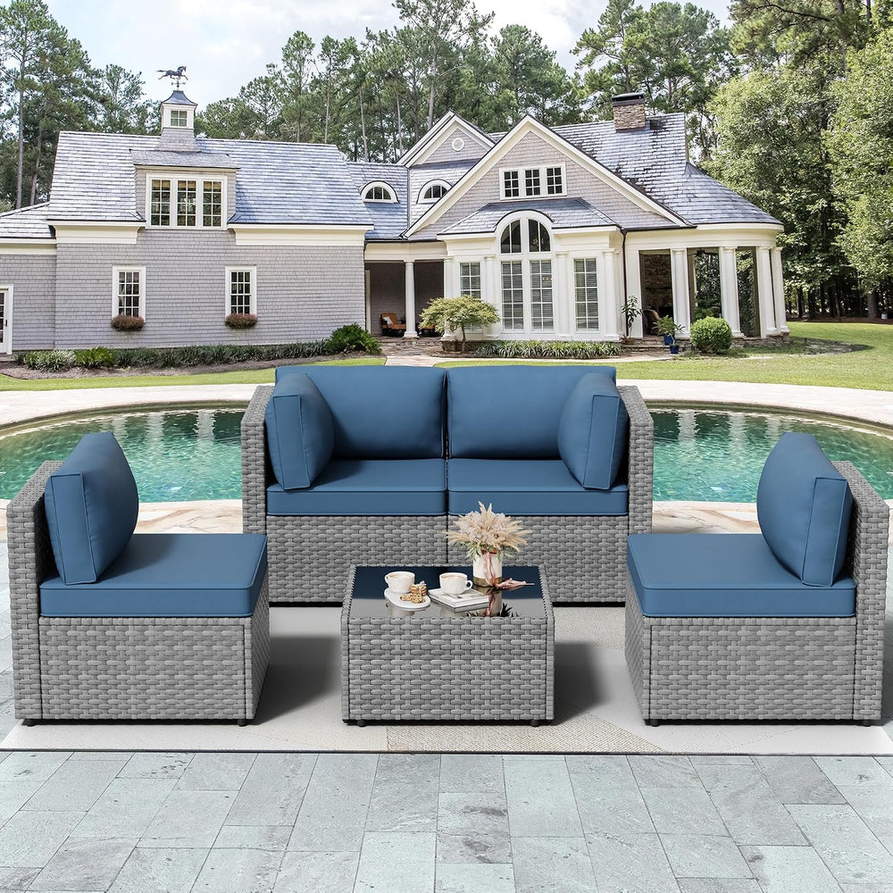 Vongrasig 5 Pieces Outdoor Sectional Furniture, All-Weather Rattan Patio Furn...