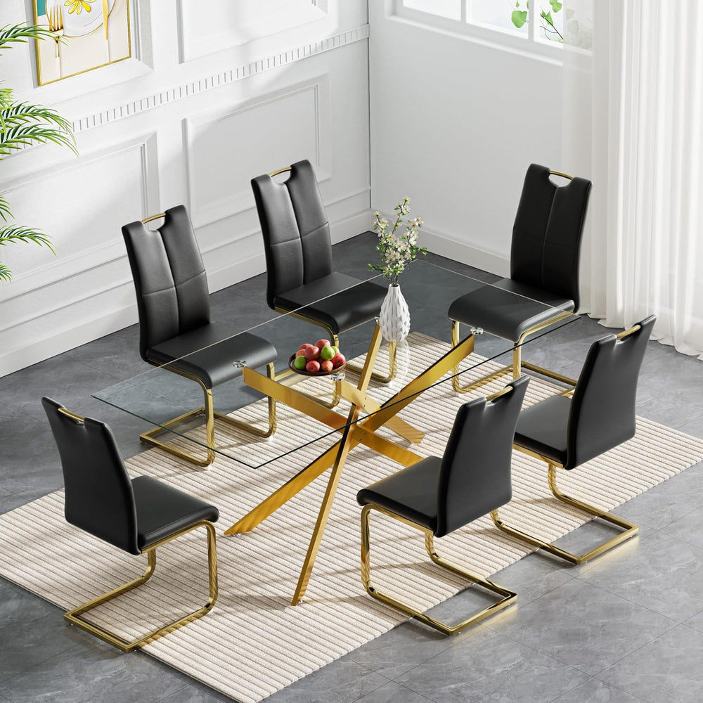 Henf Glass Dining Table Set for 6, 7 Piece Modern Kitchen Table and Chairs fo...