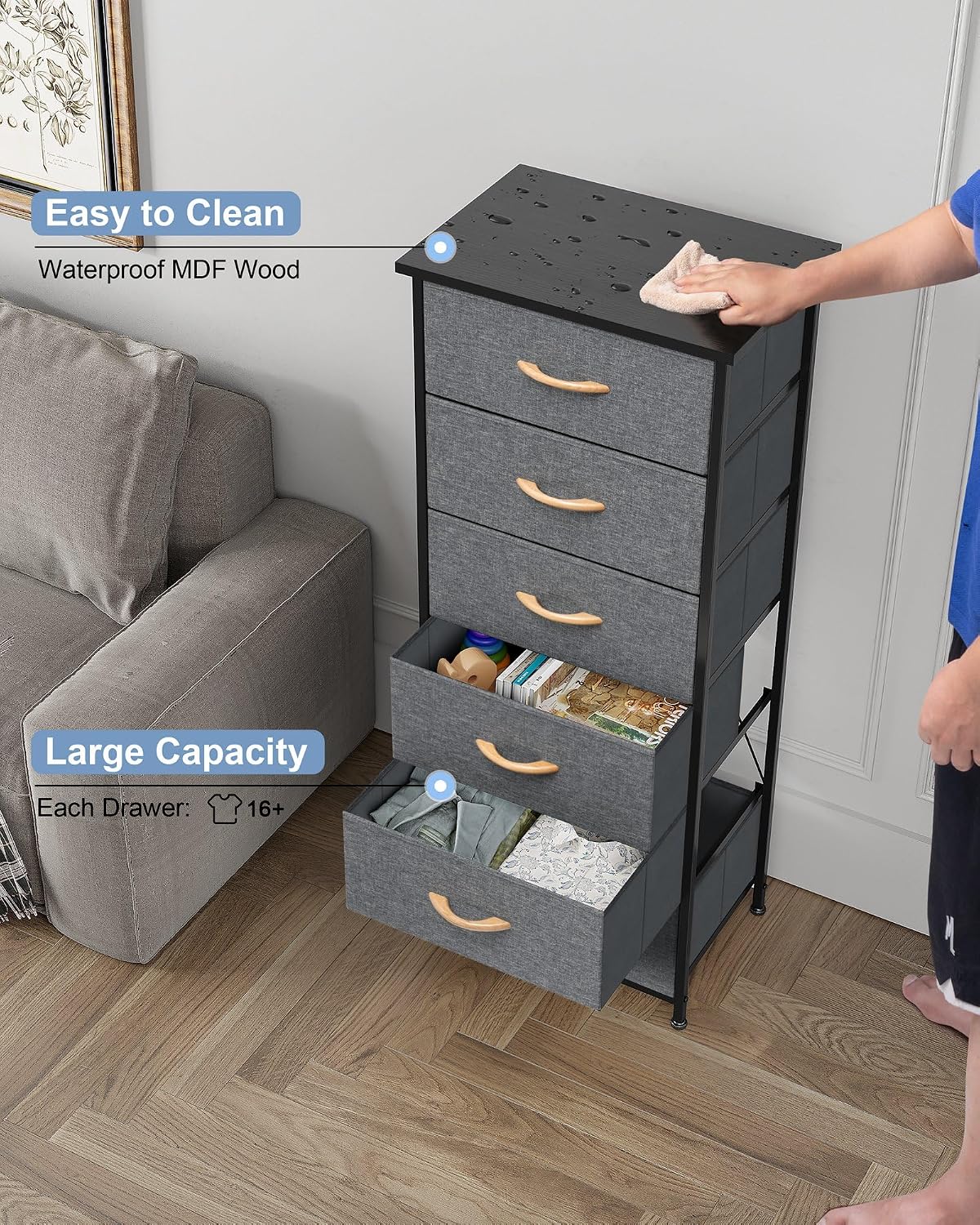 Tall 6-Drawer Fabric Dresser Tower for Closet, Vertical Storage, Gray | Sturdy Steel Frame, Wood Top and Easy Pull Fabric Bins Handles - Organizer Unit for Bedroom, Hallway, Entryway