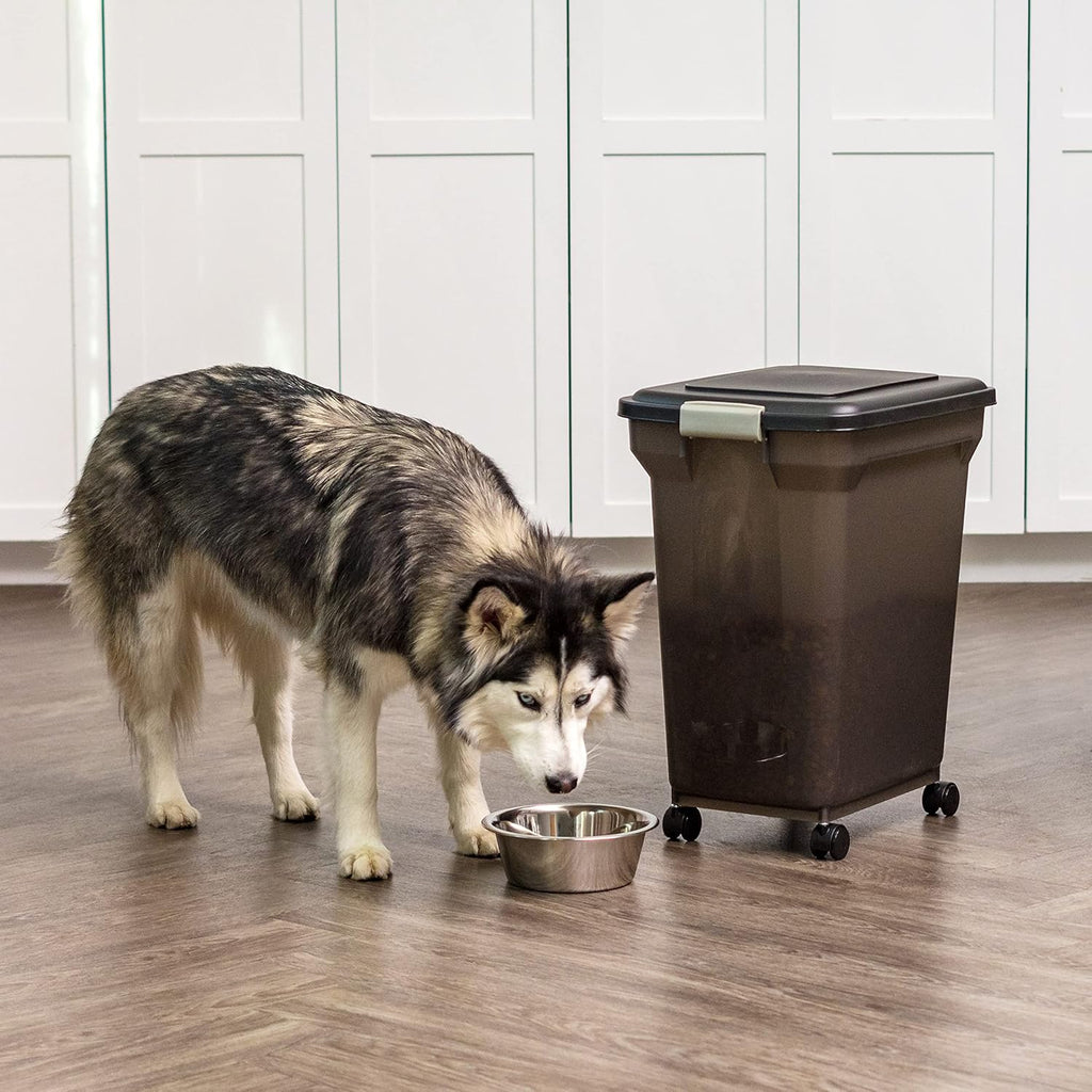 IRIS USA Airtight Dog Food Storage Container, WeatherPro, Up to 40 lbs, Removable Wheels, for Dog Cat Bird and Other Pet Food Storage Bin, Keep Fresh, Translucent Body, Made in USA, Smoke/Black