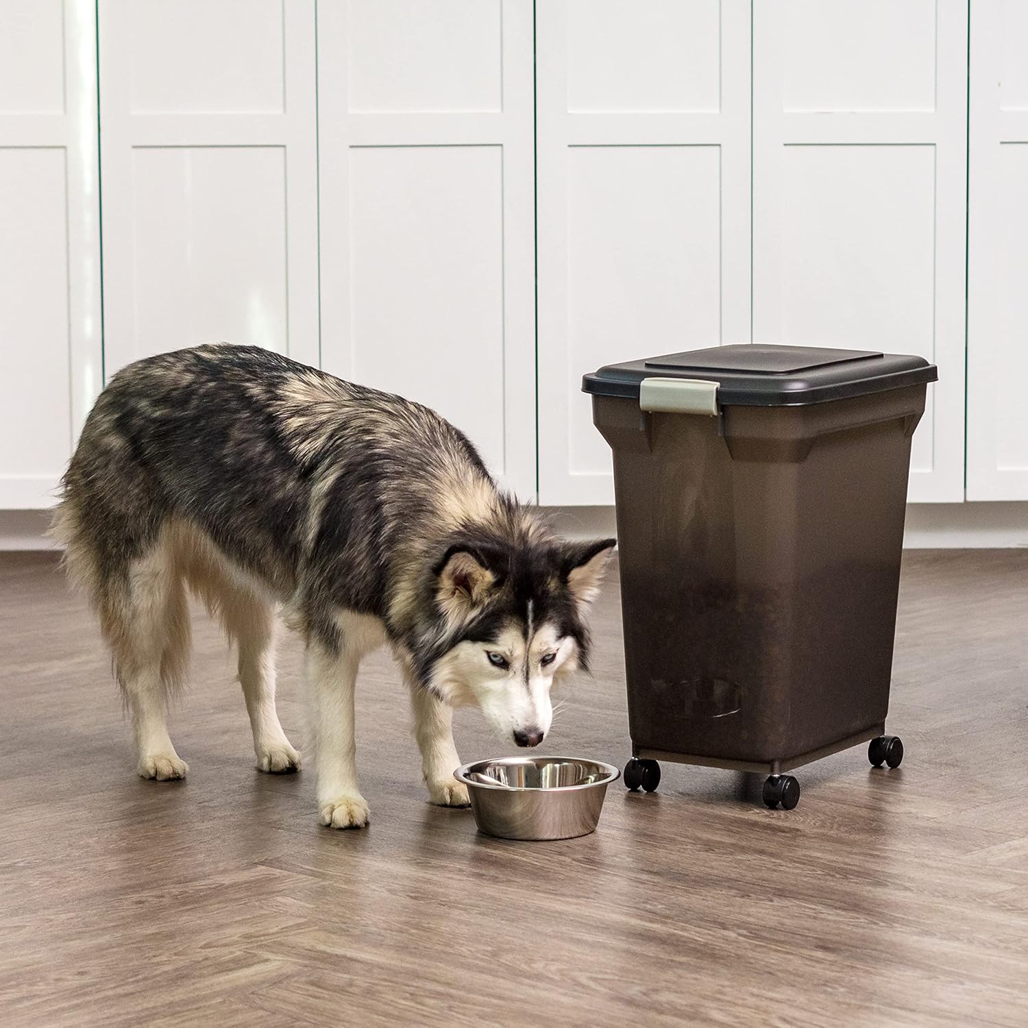 IRIS USA Airtight Dog Food Storage Container, WeatherPro, Up to 40 lbs, Removable Wheels, for Dog Cat Bird and Other Pet Food Storage Bin, Keep Fresh, Translucent Body, Made in USA, Smoke/Black