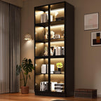 Wooden Display Storage Cabinet with Glass Door, LED Lights,Showcase for Collections, Perfume, Vinyl Albums, Bookcase for Home Office, Living Room, Clinic, Pantry (5 Layers-Black)