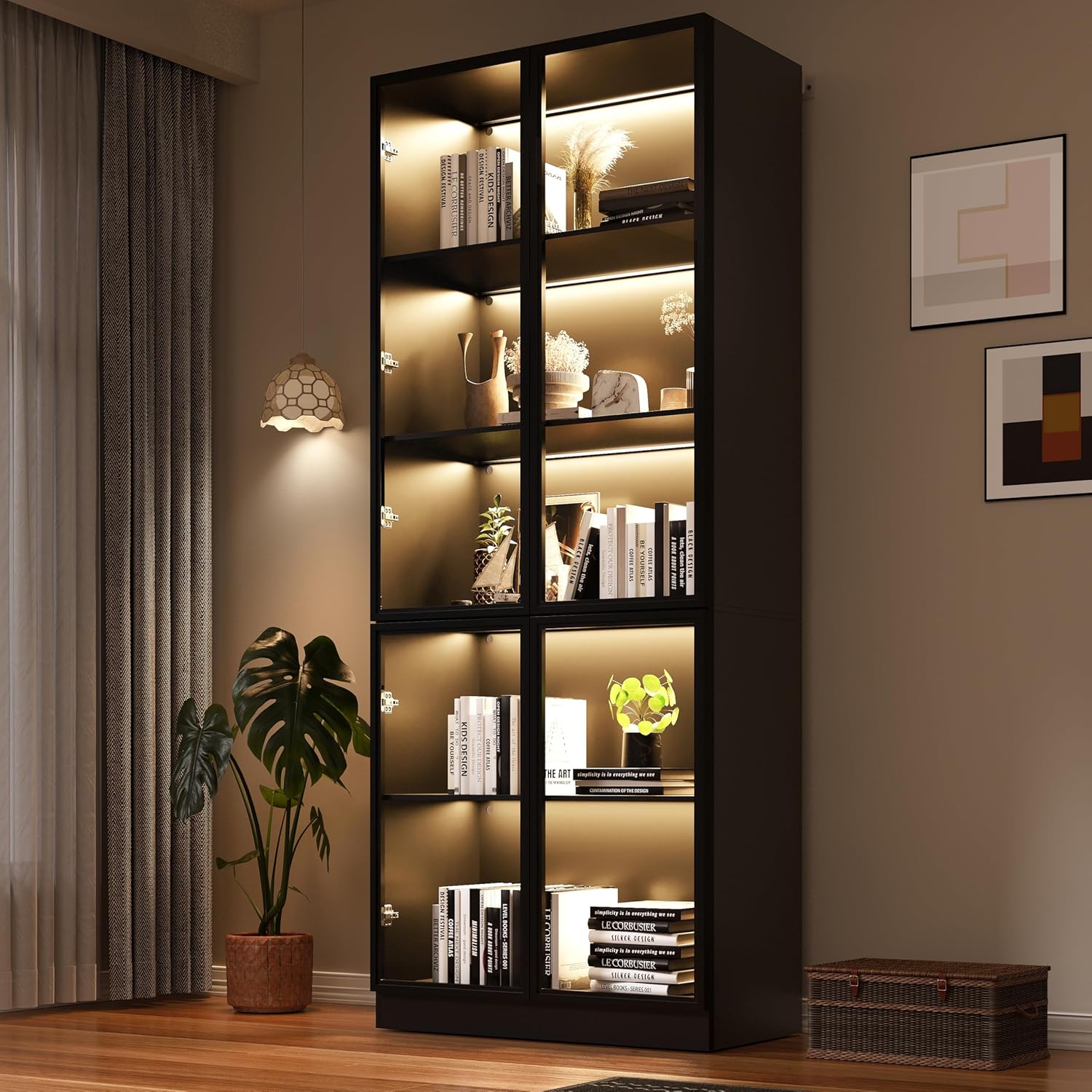 Wooden Display Storage Cabinet with Glass Door, LED Lights,Showcase for Collections, Perfume, Vinyl Albums, Bookcase for Home Office, Living Room, Clinic, Pantry (5 Layers-Black)