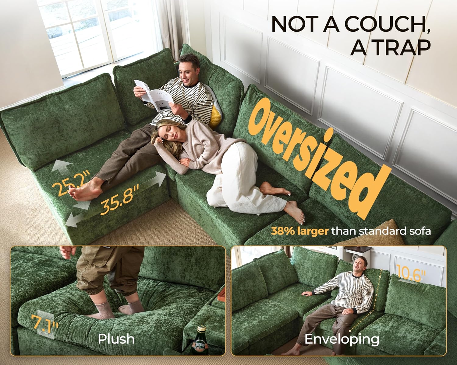 155.9'' Oversized Modular Sectional Sofa Plush Cloud Couch with Storage, Convertible Deep U-Shaped Couch with Chaises for Living Room, 6-Seater with Corner and 2 Ottomans, Chenille, Green