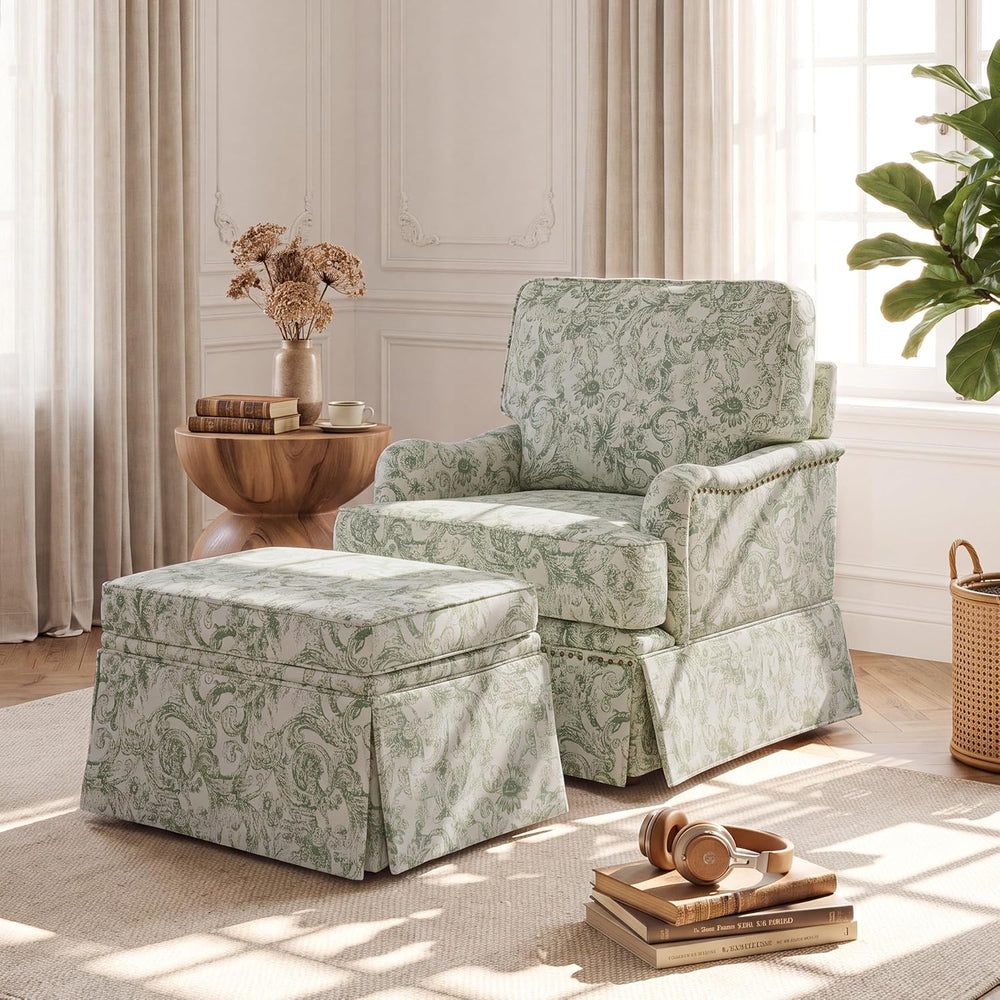 Swivel Accent Chair with Ottoman, Rococo Green
