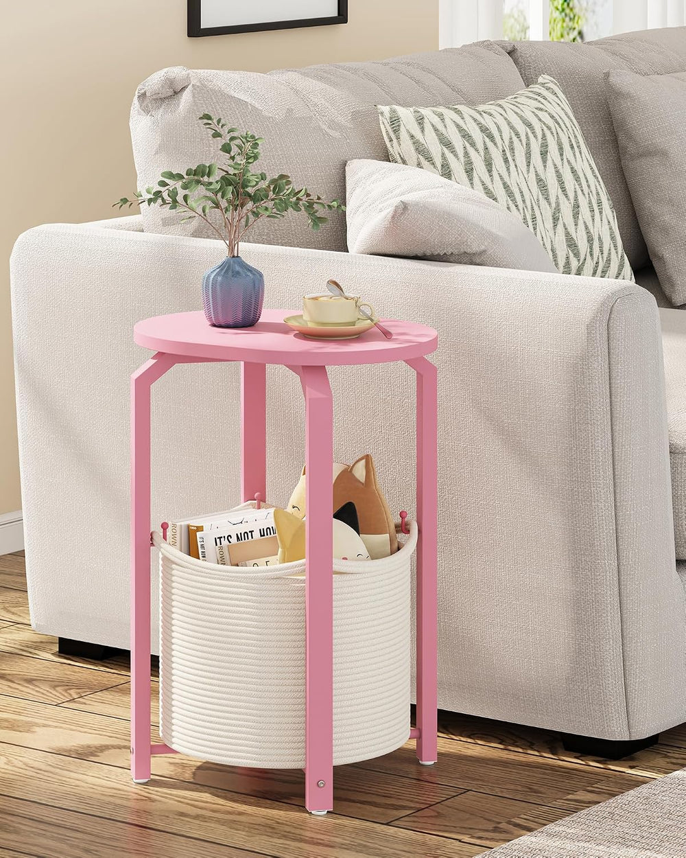 TUTOTAK Oval End Table with Woven Storage Basket, Pink Small Side Table for L...