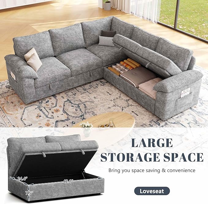 85 Inch Modular Sectional Sofa with Pull Out Bed, L Shaped 5 Seat Sectional Sleeper Sofa with Storage, Sectional Couches for Living Room, Cloud Modular Couch,Removable Sofa Cover,Light Grey