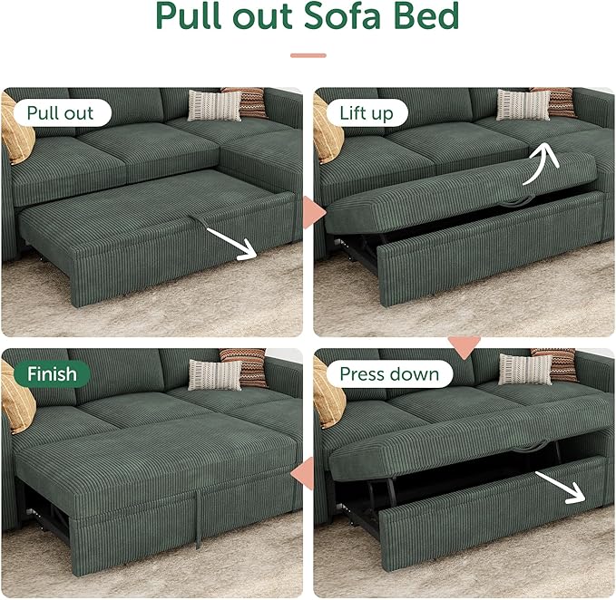 HONBAY Modular Sectional Sleeper Sofa with Pull Out Bed, L Shaped Sofa with Storage, Modular Sectional Couches for Living Room, Green