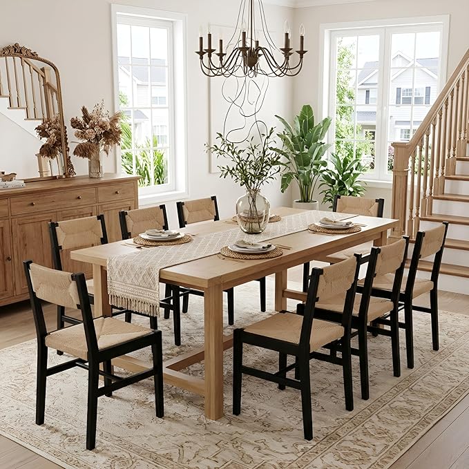 Mid Century Modern Rattan Dining Chairs Set of 4 Black Beechwood Kitchen Chairs Farmhouse Woven Dining Room Chairs Armless Boho Cane Wicker Chair Wooden Dining Chairs with Weave Hemp Seat and Backrest