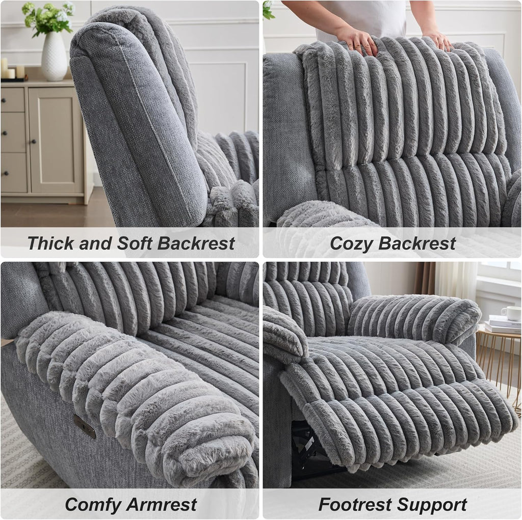 Oversized Power Recliner Zero Gravity with USB Port for Big Man Faux Fur Electric Extra Large Reclining Chairs for Living Room Soft Lumbar Support,26" Seat Width Grey