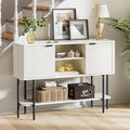 Fluted Console Table with Storage, 47" Long Entryway Table with with 2 Door Cabinets and Open Storage Shelf, Wood Sofa Table Behind Couch for Hallway Entrance Foyer Living Room, White