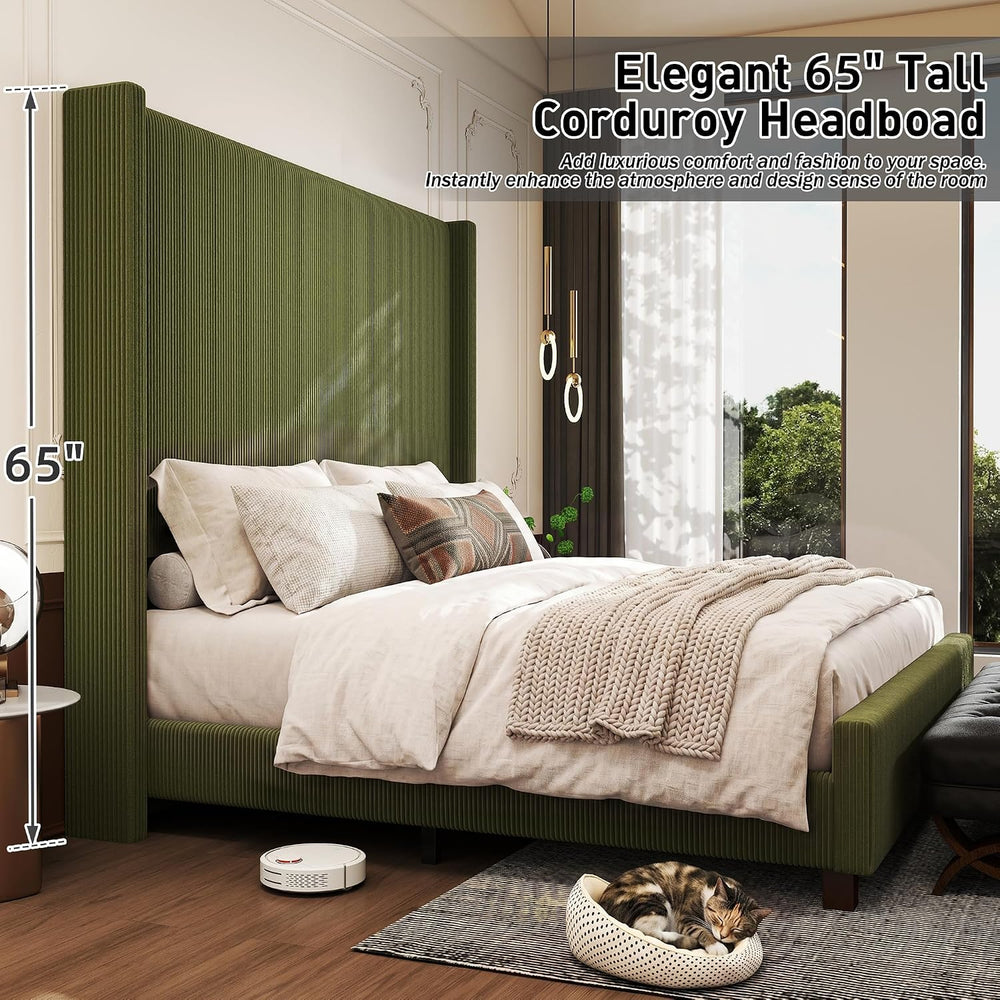 Queen Size Corduroy Upholstered Bed Frame with 65" Tall Headboard,USB Ch...