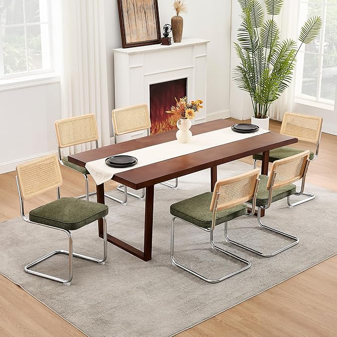 Zesthouse Natural Rattan Dining Chairs Set of 2, Mid Century Modern Dining Chairs with Solid Wood Back & Chrome Base, for Kitchen Living Room, Breuer Design Inspired, Upholstered Linen Fabric, Green