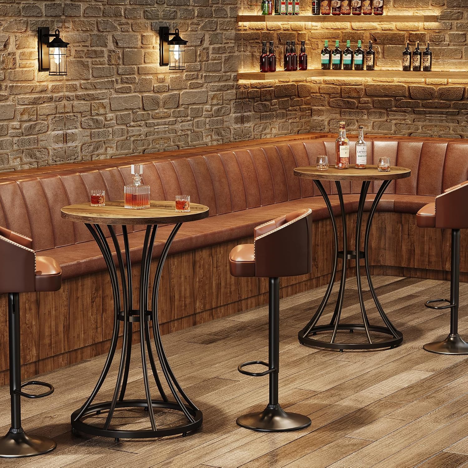 Tribesigns Round Bar Table for 2, 37.4" H Cocktail Table with Curved Metal Base, Coffee Pub Table for Spaces, Living Room, Kitchen, or Party (Brown & Black) (4)