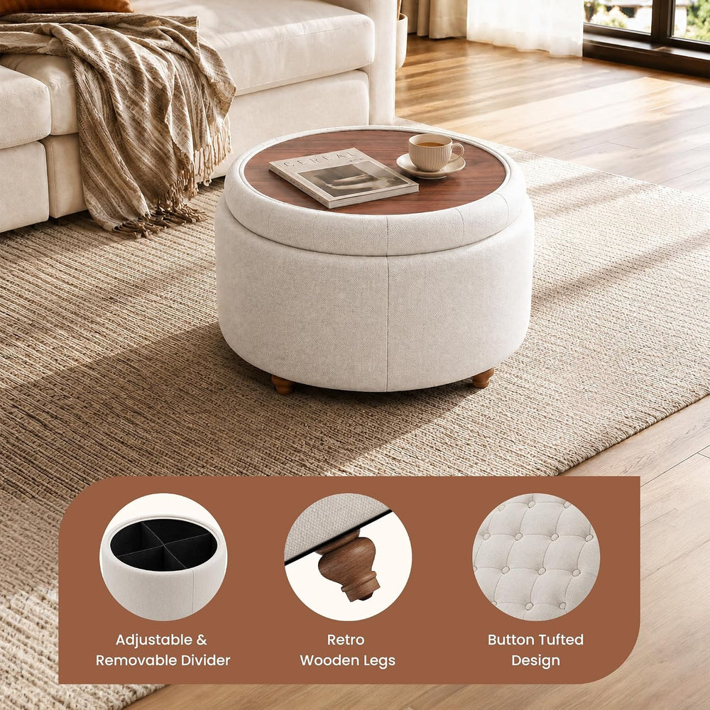 25" Round Ottoman with Storage, Small Coffee Table with Reversible Tray ...