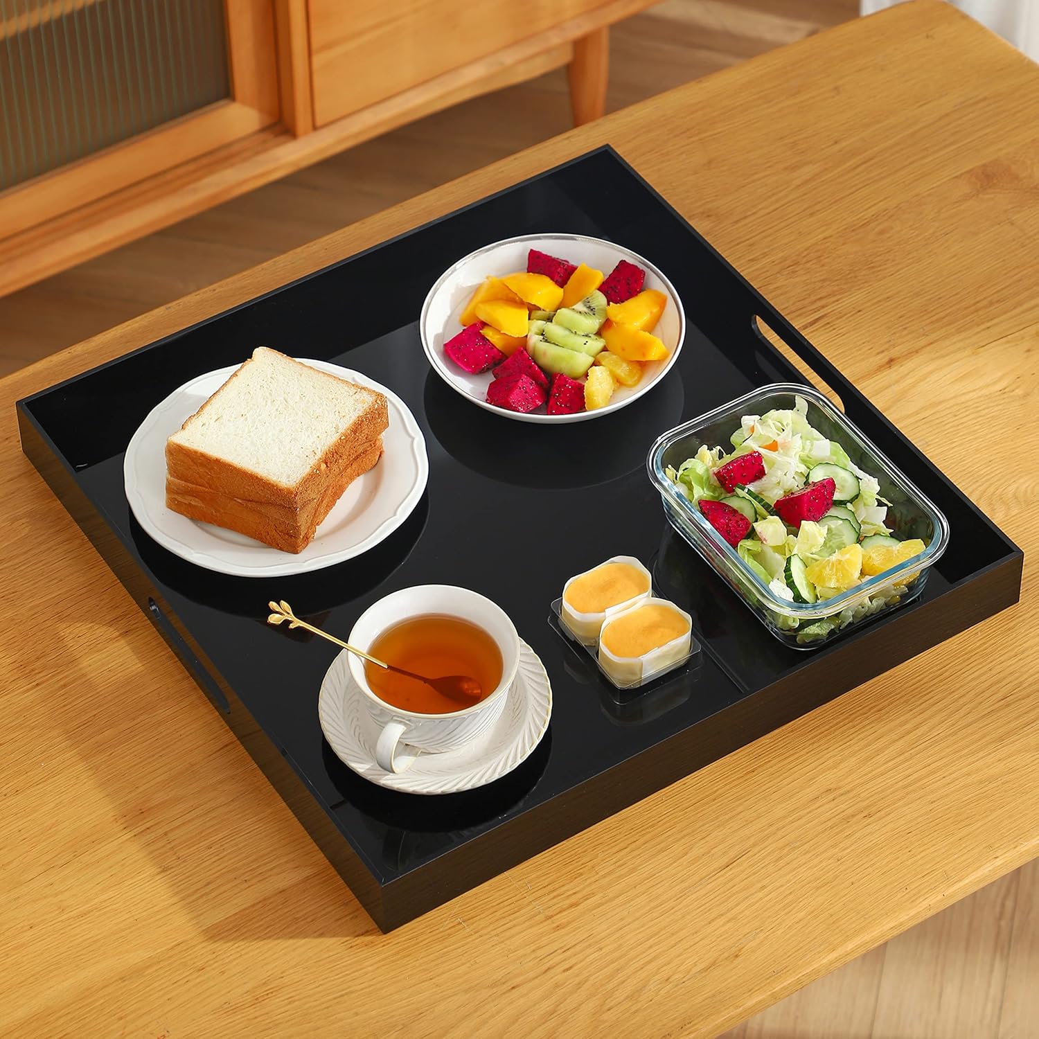 Black Oversize Acrylic Serving Tray with Handles 20x20 Inch -Spill Proof- Decorative Trays Countertop Organizer for Ottoman,Nightstand, Sidetable, Butler (20x20 Inch, Black)