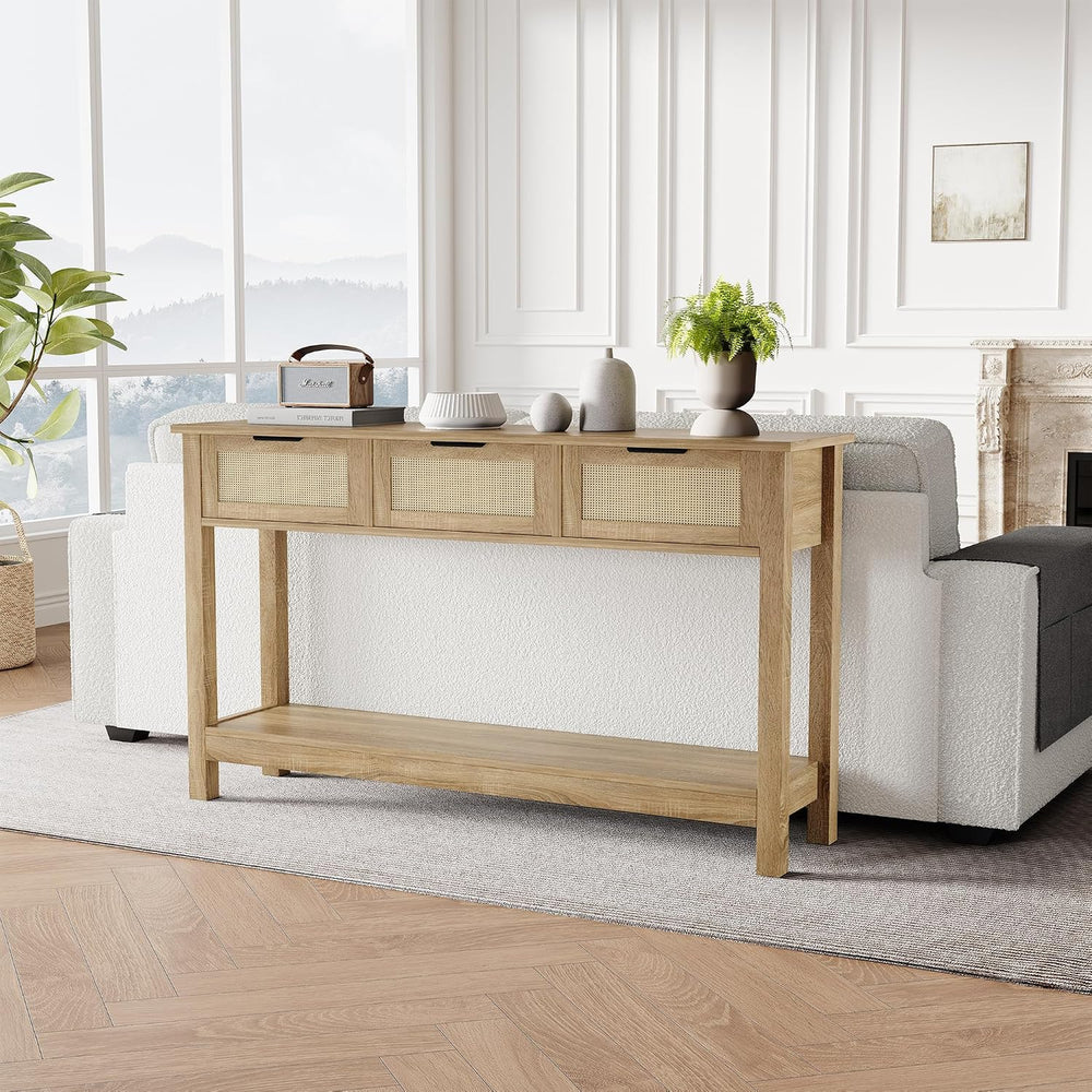 Luoxiao Rattan Console Table 3-Drawer 47" Narrow Wood Entryway Sofa Tabl...
