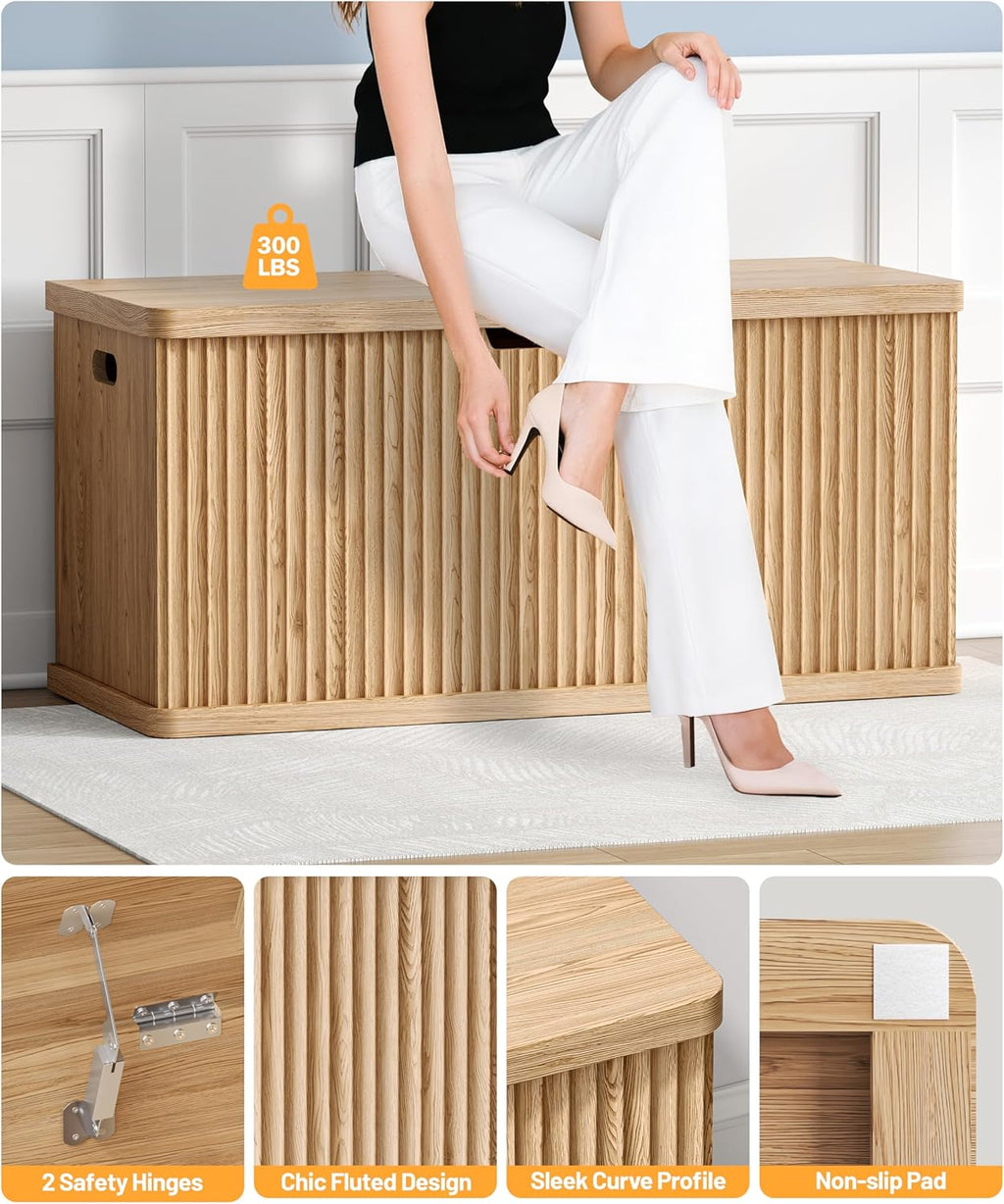 Akxomel 37.4" Fluted Storage Chest Wooden Storage Trunk 2 Safety Hinges Oak | Storage Chest with 2 Safety Hinges & Lift Top, Wooden Box Bench with Curved Profile, for Living Room, Entryway, Bedroom