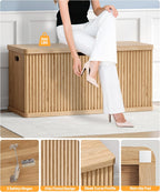 Akxomel 37.4" Fluted Storage Chest Wooden Storage Trunk 2 Safety Hinges Oak | Storage Chest with 2 Safety Hinges & Lift Top, Wooden Box Bench with Curved Profile, for Living Room, Entryway, Bedroom