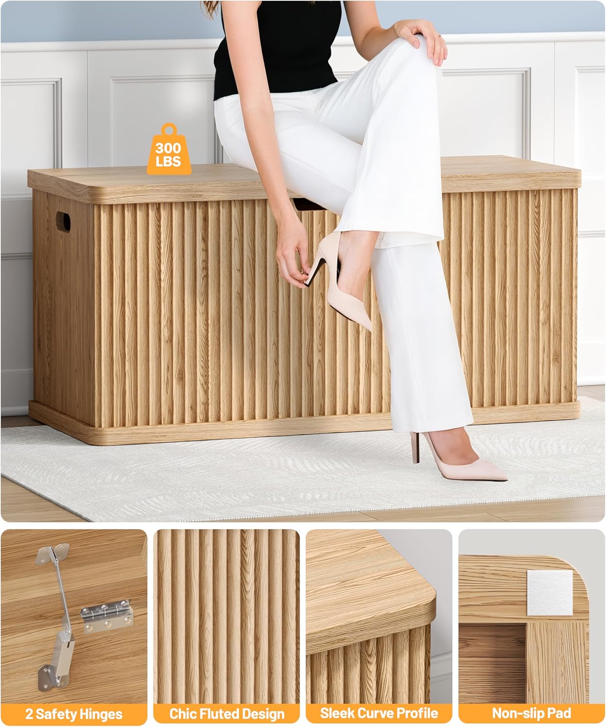 Akxomel 37.4" Fluted Storage Chest Wooden Storage Trunk 2 Safety Hinges Oak | Storage Chest with 2 Safety Hinges & Lift Top, Wooden Box Bench with Curved Profile, for Living Room, Entryway, Bedroom
