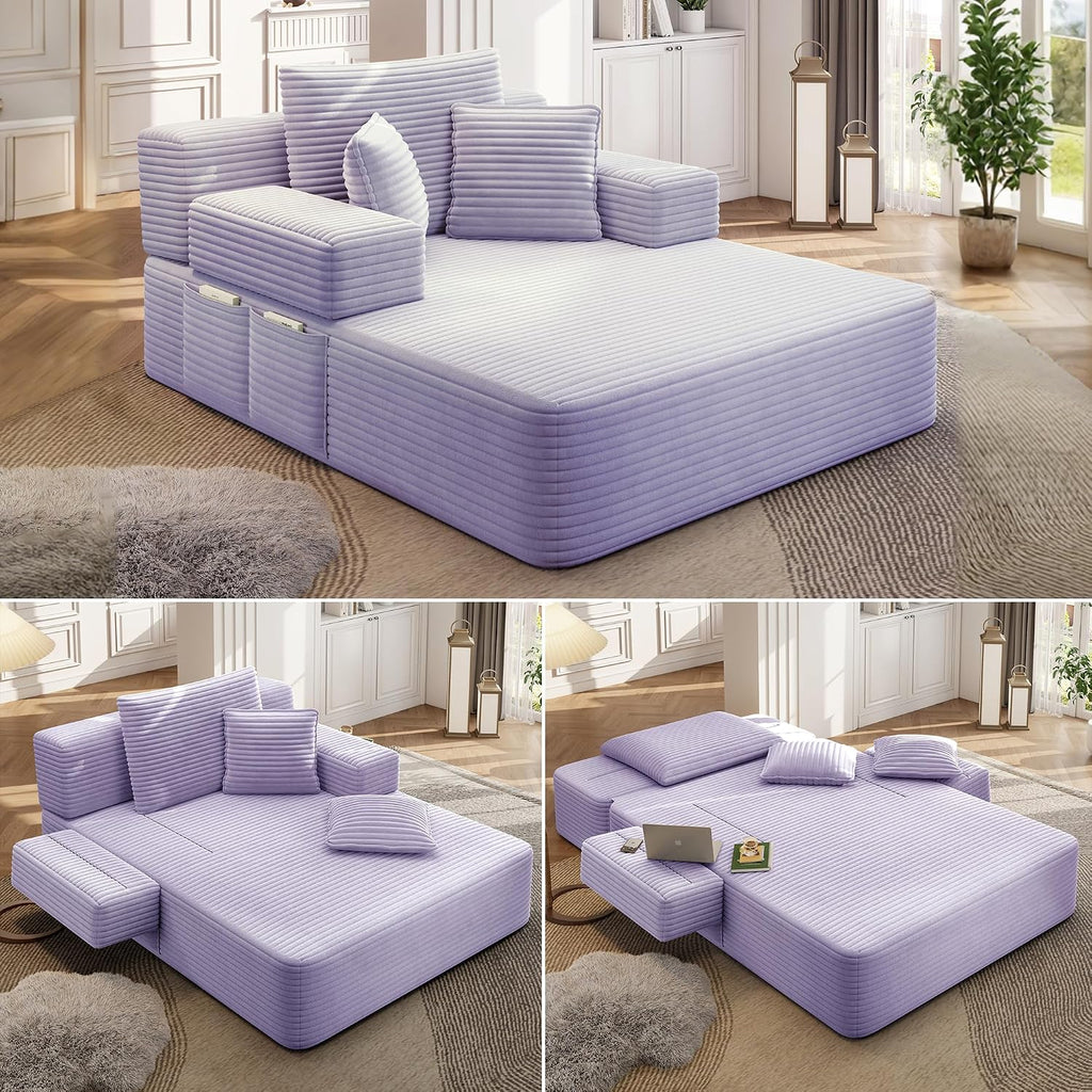 48.5" Boneless Chaise Lounge Chair Sofa Bed Indoor with Zip-Down Convertible Armrests & Backrest, Oversized Cloud Upholstered Compression Sleeper Couch Reading Chairs w/Side Pockets