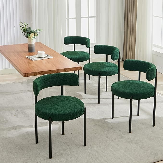Boucle Dining Chairs Set of 4, Mid Century Modern Dining Room Chairs with Barrel Backrest, Upholstered Green Kitchen Chairs for Dining Room, Restaurant