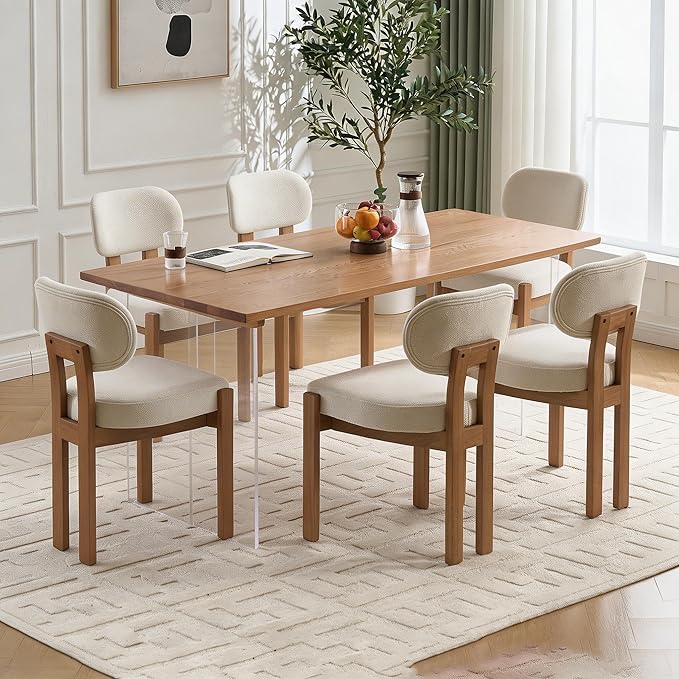 Wooden Dining Chairs Set of 6, Mid Century Modern Chenile Upholstered Dining Room Chair Kitchen Chairs with Solid Wood Legs, Farmhouse Dinner Chair for Kitchen Restaurant Living Room, Beige