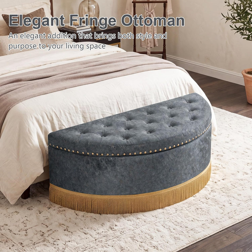 Homebeez 43.3" Half Moon Ottoman, Velvet Tufted Upholstered Footstool, with Nailhead Trim & Bullion Fringe, Decorative Accent Seating for Living Room, Bedroom, Entryway, Vanity, Vintage Furniture