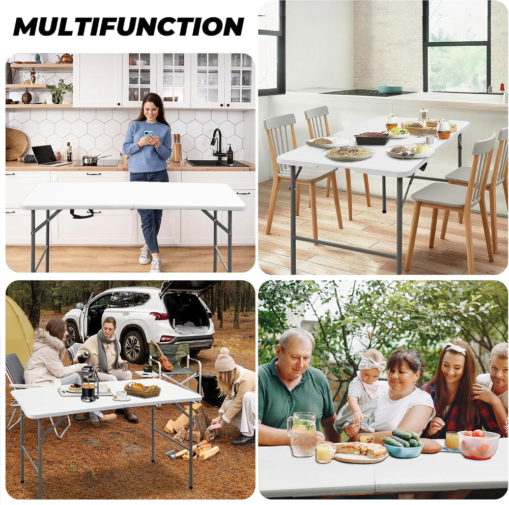 4ft Portable Folding Table, Indoor Outdoor Plastic Dining Table w/Handle, Fol...