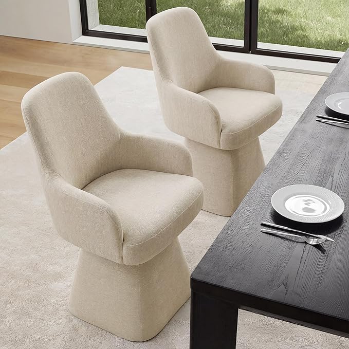 Swivel Dining Chairs Set of 2, Mid Century Modern Chairs Fabric Upholstered Armchair with Armrest & Ergonomic Backrest for Dining Room, Kitchen, Bedroom, Living Room, Sand, 2 Boxs