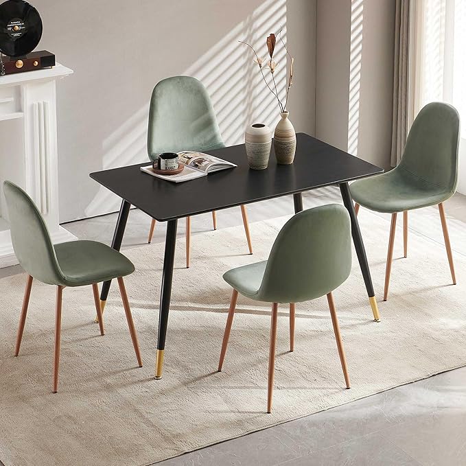 Home Kitchen Dining Room Set for 4, 5 PCS Dining Table Set, 47" Oblong Kitchen Table with MDF Black Wooden Borad and 4 Seated Upholstered Dining Chair Velvet for Dining Hall, Apartment