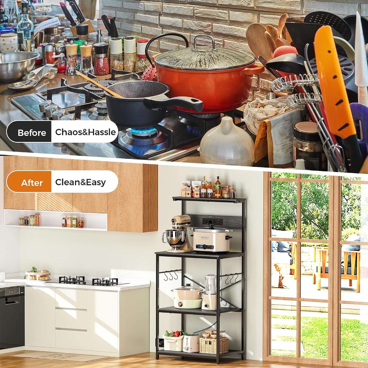VUSIGN Kitchen Bakers Rack with Power Outlet, 4 Tiers Microwave Stand with Storage, 23.6 Inch Coffee Bar Station with 6 S Hooks, Adjustable Shelf Rack for Pots/Pans/Spices, Black