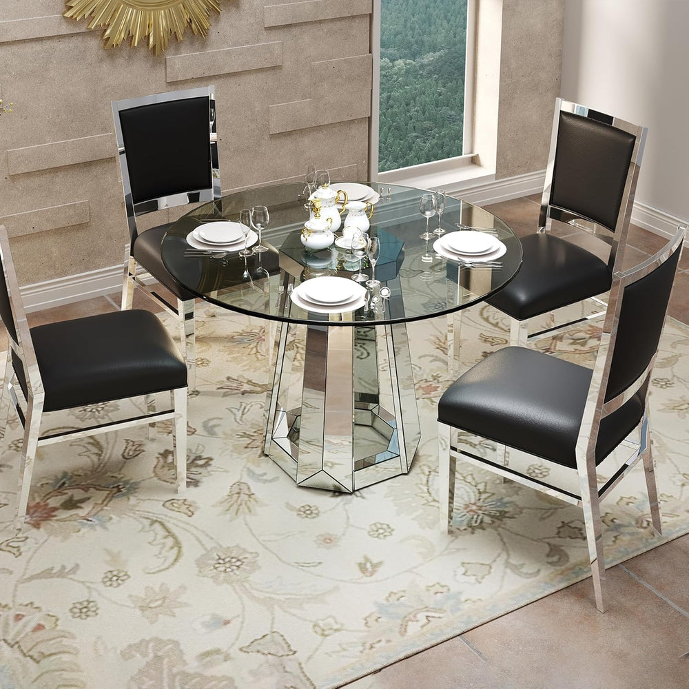 Henf Luxury Round Glass Dining Table for 4-6, Silver 47" Glass Kitchen T...