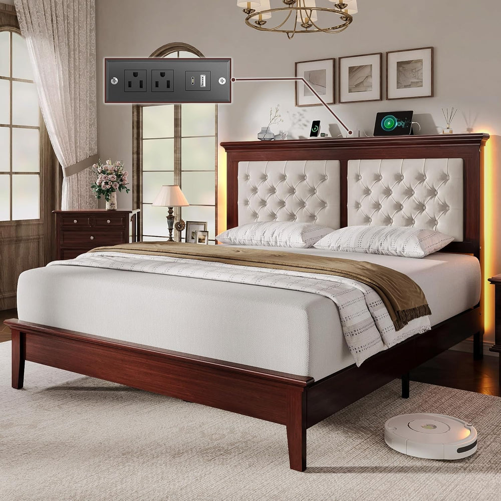 Lifezone Solid Wood Queen Bed Frame 41.5” Tall Diamond-Tufted Upholstered Hea...