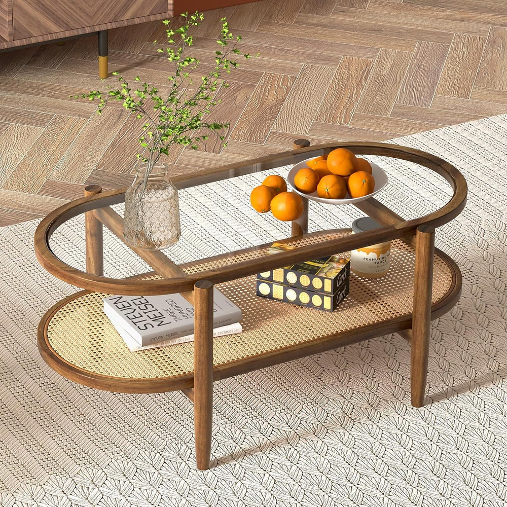 GIANTEX Rattan Coffee Table, 2-Tier Oval Acacia Wood Tea Table w/Tempered Gla...