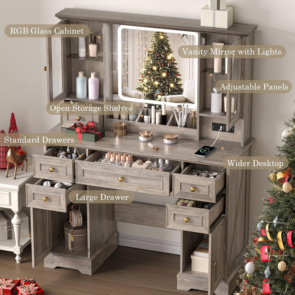 HUANLEGO Farmhouse Makeup Vanity Desk with Mirror and LED Lights, Grey | Vani...