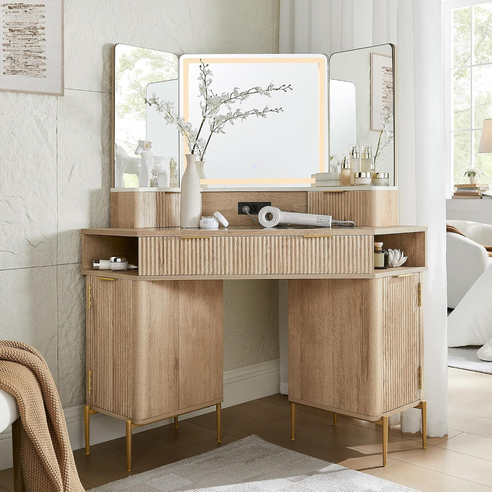 T4TREAM 48" Corner Makeup Vanity with Lighted Triple Mirror, Natural Oak...