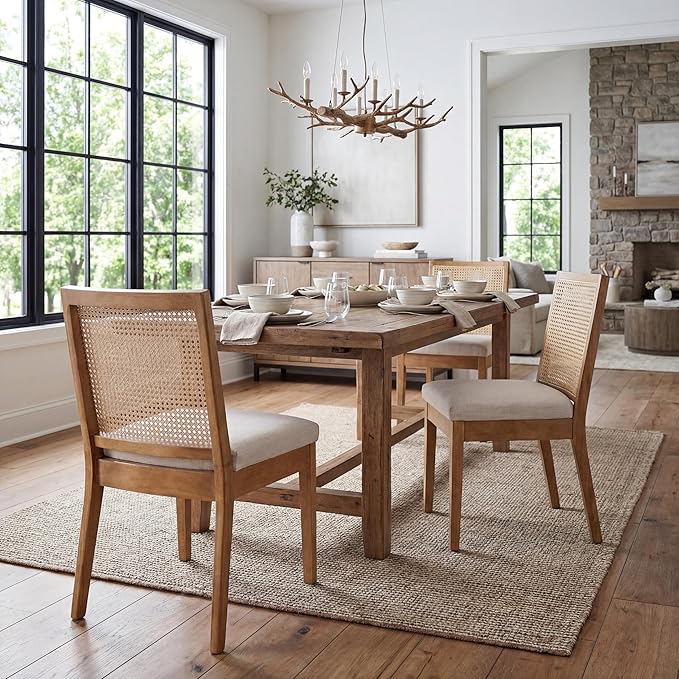 Farmhouse Rattan Dining Chairs Set of 2, Cream Linen Upholstered with Cane Back, Comfortable Side Wood Chairs for Dining Room/Kitchen/Living Room/Restaurant