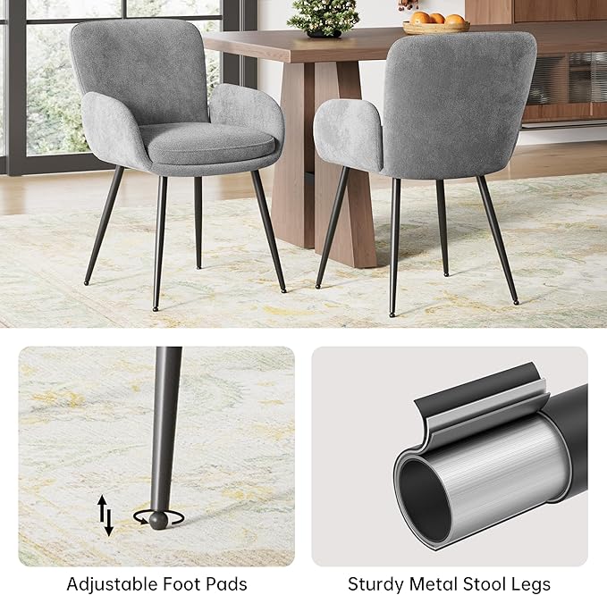 VKNOW Modern Dining Chairs Set of 4, Upholstered Dining Room Chair with Armrest, Kitchen Chairs with Curved Ergonomics Backrest for Living Room, Dining Room, Kitchen, Grey