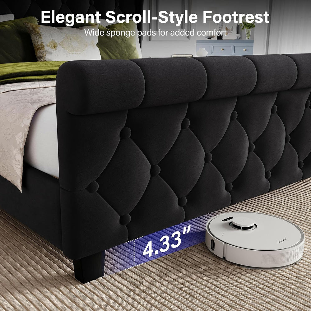 Queen Size Bed Frame with Headboard, Velvet Upholstered Bed Frame