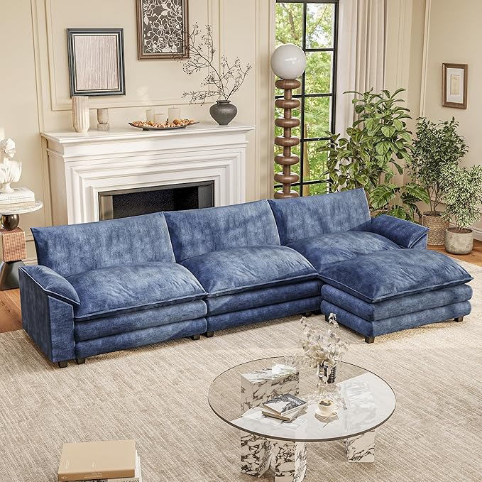Furniwell 119" Modular Couch 3-Seat Sofa with Reversible Ottoman, Cloud Couch L Shaped Sofa with Deep Seat, Chenille Sectional Couches for Living Room