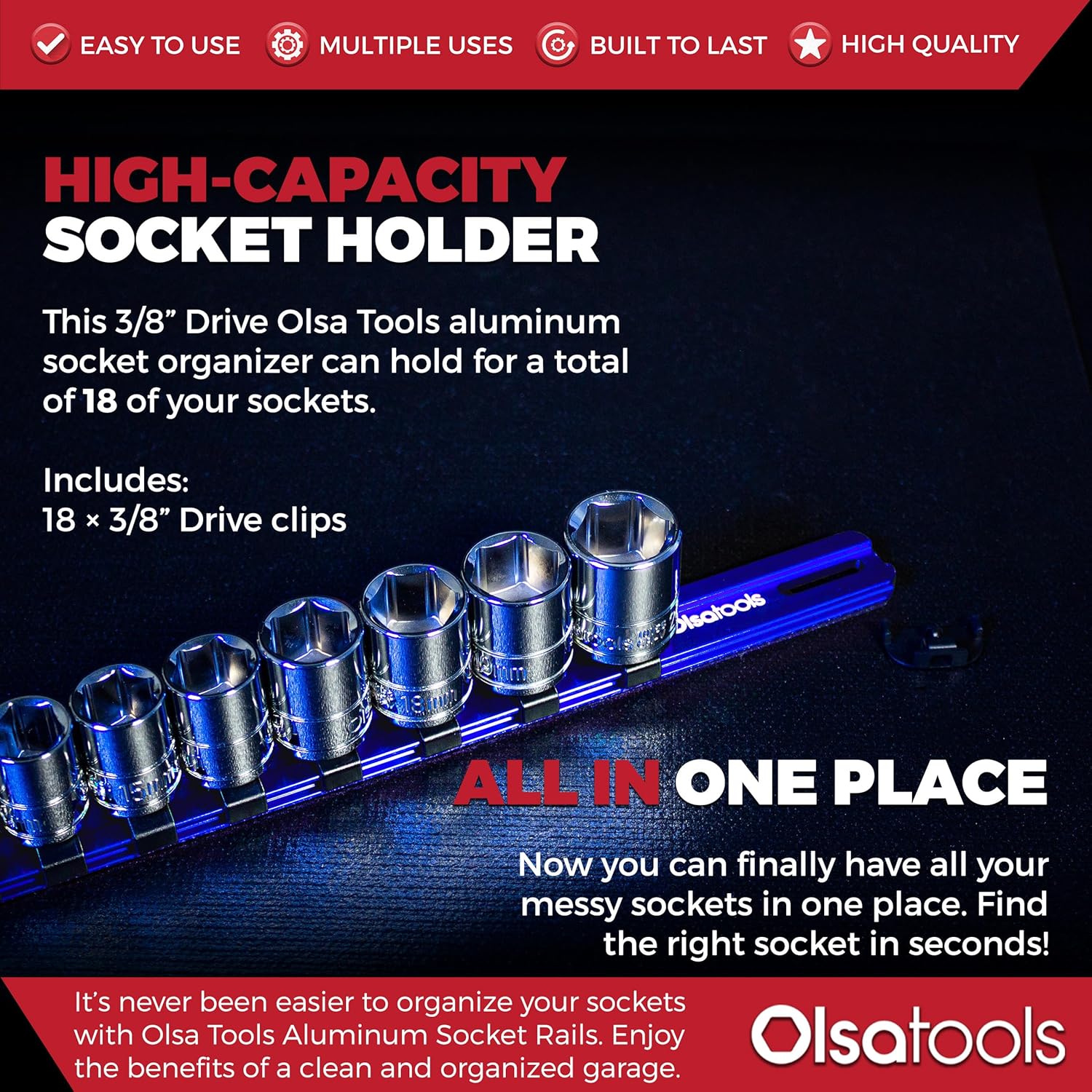 Olsa Tools Aluminum Socket Organizer with Locking End Caps - 3/8-Inch Drive - Blue Socket Holder Rails for Chrome or Impact Sockets - Compact and Durable Socket Storage Solution - Part: 1175