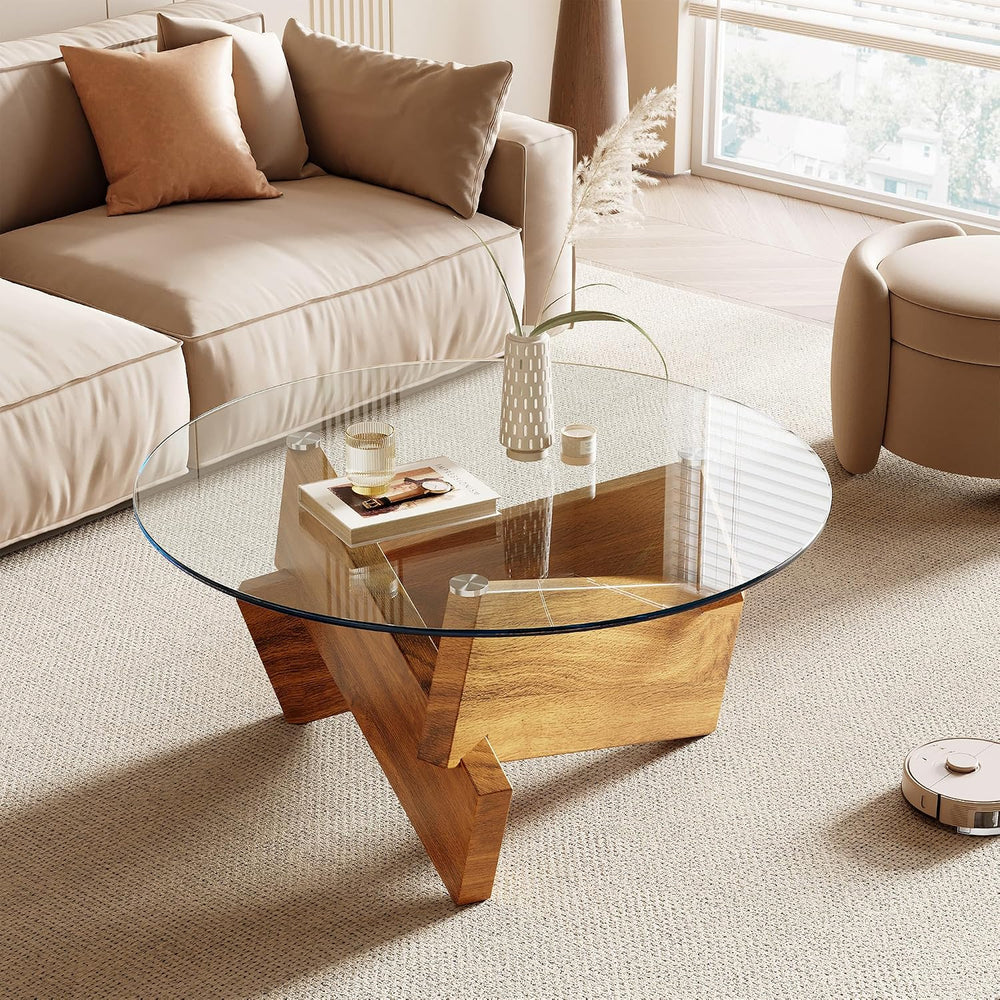 Honyee Modern Round Coffee Table, 30.7" x 30.7" x 16.1" Temper...